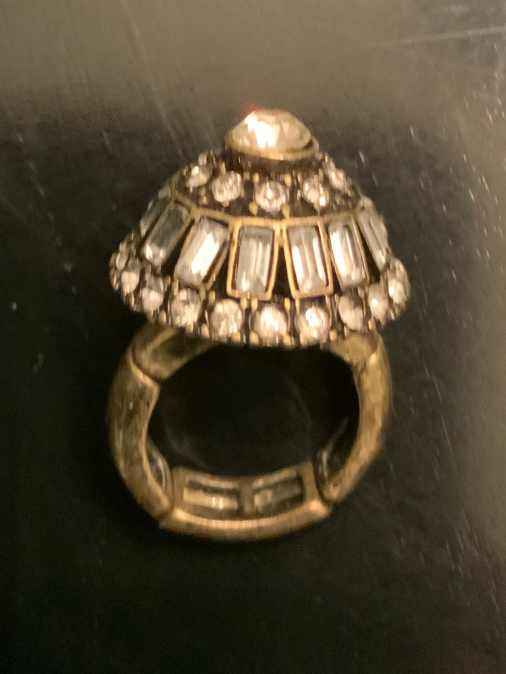Vintage-Inspired Gold tone Crystal Dome Cocktail Ring tubular bands stretch Boho